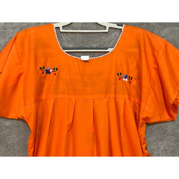 Zapoteco Mexican Dress Size Medium Orange Floral Feather Embroidered - Picture 6 of 7